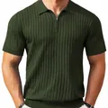 High-quality close-up of olive green knitted polo shirt featuring a stylish zipper collar detail - S / Tops / Army Green