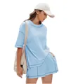 Light blue 100% cotton women's summer 2-piece loungewear T-shirt and shorts set - S / Top And Bottom / Light Blue