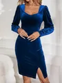 Elegant royal blue velvet dress with square neckline and stylish puff sleeves detail - S / Dark Blue