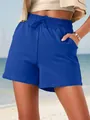 Royal blue women's casual sports shorts with elastic drawstring waist and side pockets - S / Bottoms / Blue
