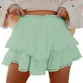 Macro view of mint green multi-layered ruffled mini skirt with hollow lace embroidery - S / Bottoms / Light Green