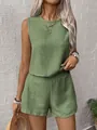Casual two-piece green linen set for women with sleeveless top and high waist shorts - S / Top And Bottom / Matcha Green