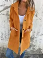 Elegante abrigo cárdigan liso amarillo mostaza de largo medio con solapa y bolsillos - Naranja