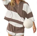 Oversized bruin-wit gestreepte sportset met halve rits en korte broek voor dames - koffiekleur