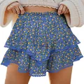 Blau gemusterter Bohème-Minirock mit hoher Taille und Volants für Damen Golf Tennis - S / Unterteile / Blaues Blumenmuster