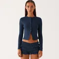 Càrdigan azul marino ajustado con botones y pantalones cortos de volantes para mujer. - S / Tops / Azul Marino
