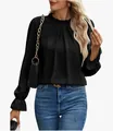 Elegante camicetta nera jacquard a maniche lunghe con collo a balze e vestibilità slim - Taglia S / Top / Nero