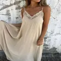 Elegant beige long slip nightdress featuring sexy lace V-neckline for spring and summer wear - Pinkish Khaki
