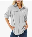 Close-up of women's quick-dry stretch hiking shirt featuring multiple functional pockets - S / Tops / Light Gray
