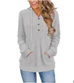 Close-up detail of grey ribbed knit hoodie featuring three buttons and front pocket pouch - S / Tops / Gray