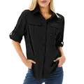 Women's black quick-dry outdoor shirt with multi-pockets and roll-up sleeves on model. - Black