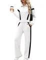 Tuta sportiva bianca da donna in due pezzi con strisce nere e pantaloni a gamba larga - Taglia S / Top E Pantaloni / Bianco