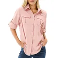 Detail view of a pink women's quick-dry stretch outdoor shirt with multi-pockets. - S / Tops / Pink