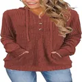 Detailed view of women's ribbed knit hooded sweater with button neck in rust red color - S / Tops / Burgundy