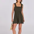 Combishort vert olive sans manches à col carré smocké pour les vêtements de plage d'été - Brun Foncé