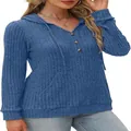 Detail shot of women's blue ribbed long sleeve hoodie featuring V-neck and buttons - S / Tops / Light Blue