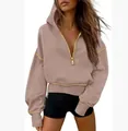 Stylish women's mauve half-zip cropped hoodie featuring unique contrast yellow stitching - S / Tops / Khaki