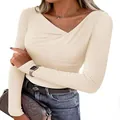 Detail of women's beige slim-fit top featuring unique asymmetrical twisted V-neck design. - Apricot