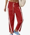 Red Y2K high waist drawstring sports pants with white side stripes and ankle slits - S / Bottoms / Red