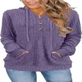 Détail d'un sweat à capuche violet en maille côtelée pour femme avec boutons et poches - Violet