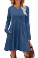 Elegant bohemian blue ribbed long sleeve crew neck dress with functional pockets - Blue