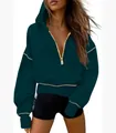 Stylish women's half-zip cropped hooded sweatshirt in dark teal green for autumn winter - S / Tops / Navy Blue