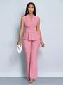 Full body display of elegant dusty rose V-neck sleeveless top and wide leg pants set - S / Top And Bottom / Pink