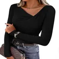 Detailed view of women's slim-fit long-sleeve T-shirt with irregular V-neckline - S / Tops / Black