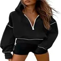 Stylish women's black half-zip cropped hoodie with white contrast stitching and long sleeves - S / Tops / Black