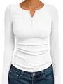 Detail view of women's white rib-knit long-sleeve Henley shirt featuring button neck - S / Tops / White