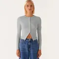Elegant slim fit grey ribbed long sleeve button-up cropped cardigan top for women - Heather Grey