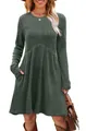 Close-up of dark green ribbed long sleeve dress with pockets and flared A-line hem - Army Green