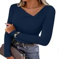 Detail of asymmetrical V-neck on navy blue slim-fit long sleeve top for women - S / Tops / Aqua