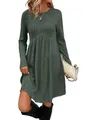 Detailed view of women's ribbed long sleeve round neck solid color mini dress in dark green - Green