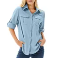 Women's light blue quick-dry stretch outdoor shirt with multi-pockets and UV protection - S / Tops / Sky Blue