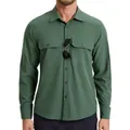 Detalle de camisa táctica verde con textura de rejilla y gafas de aviador. - S / Tops / Verde