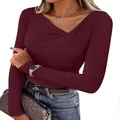 Detail of women's burgundy slim fit T-shirt with irregular V-neck design - S / Tops / Burgundy