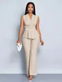 Elegant beige two-piece set featuring sleeveless V-neck peplum top and wide-leg pants - S / Top And Bottom / Apricot