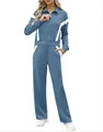 Tuta casual da donna in due pezzi blu e bianca con giacca con zip e pantaloni lunghi - Taglia S / Top E Pantaloni / Aqua