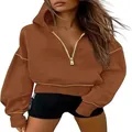 Women's brown half-zip cropped hoodie with long sleeves and casual hood - Dark Brown