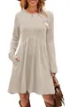 Bohemian ribbed long sleeve crew neck dress in beige with side pockets full view - S / Dresses / White