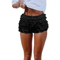 Close-up view of black multi-layered lace tiered mini shorts for women sexy style - XS / Bottoms / Black