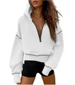 Fashionable women's white half-zip cropped hoodie with black contrast stitching - White