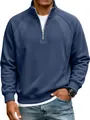 Detail view of men's navy half-zip sweatshirt with stand collar and raglan sleeves - Navy Blue