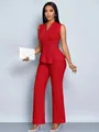 Elegant red sleeveless V-neck peplum top and wide-leg trousers two-piece outfit set - S / Top And Bottom / Red