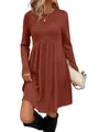 Detail view of the rust red ribbed long sleeve round neck casual dress for women - Brick Red