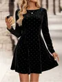 Detailed view of elegant black velvet mini dress with silver rhinestone polka dots. - S / Tops / Black