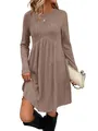 Detail view of brown long sleeve ribbed dress, bohemian round neck style for autumn winter. - Khaki