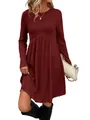 Detailed view of women's wine red ribbed long sleeve crew neck dress with a bohemian hemline - Burgundy