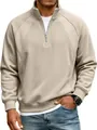 Detail of men's beige half-zip sweatshirt featuring a stand collar and raglan sleeves - S / Tops / Apricot